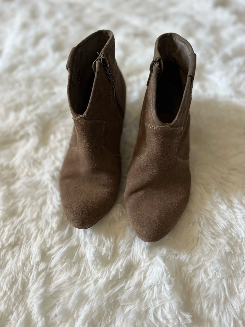 Frye Taupe Suede Ankle Booties - Women's Slip-On Side Zip